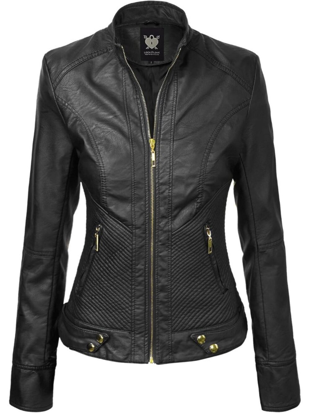 Women Dark Solid Faux Leather Slim Fit Panelled Vegan Classic Moto Biker Jacket